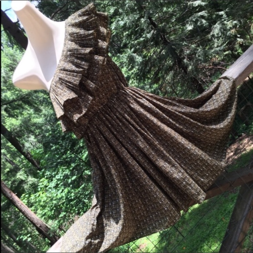 Ya Los Angeles retro print one shoulder chocolate brown mini fit/flare HP26x4